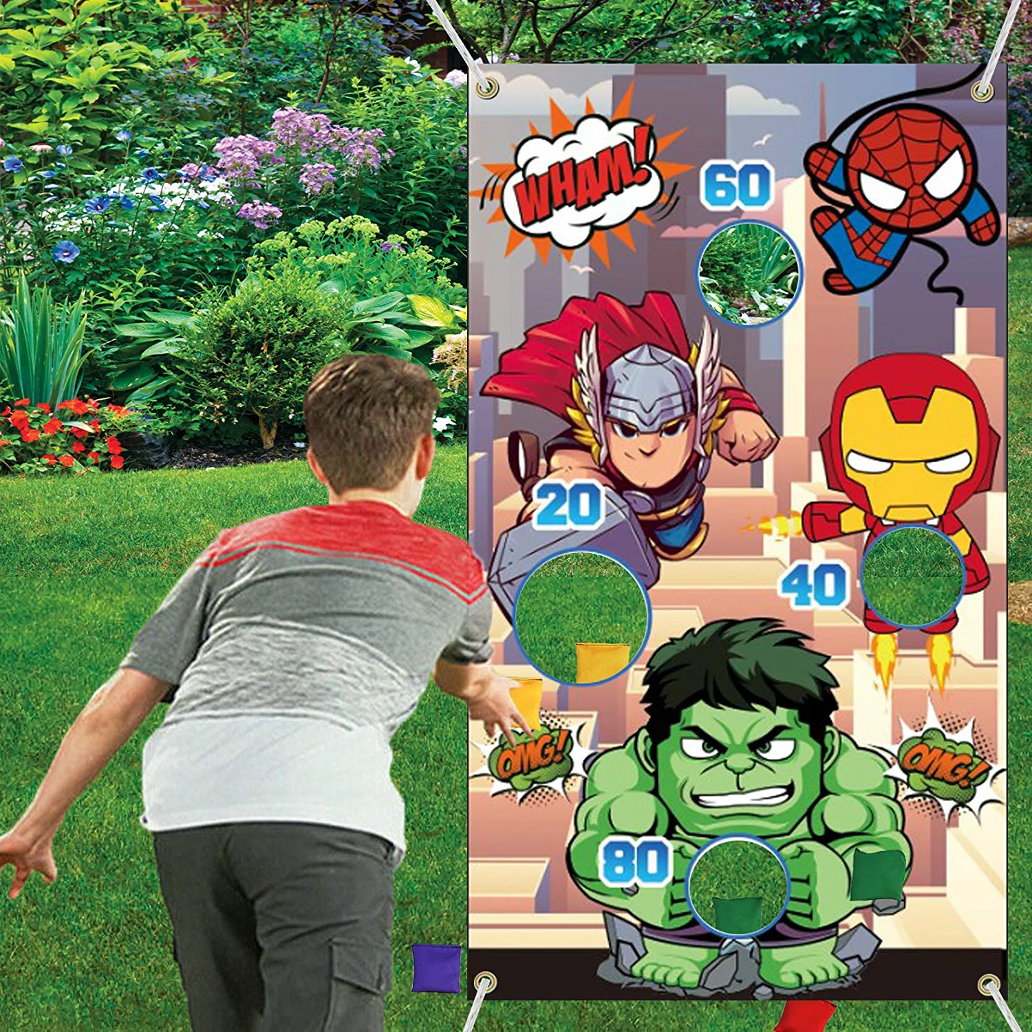 Superhero Themed Toss Games Banner with 6 Bean Bags